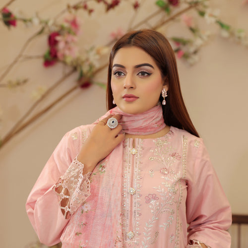 DE-03: Blush Pink Floral Eid Outfit – Luxury Lawn Collection