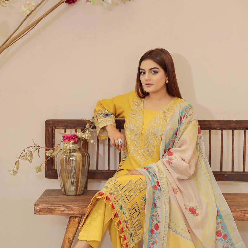 DE-04: Sunset Glow Eid Ensemble – Luxury Lawn Eid Collection