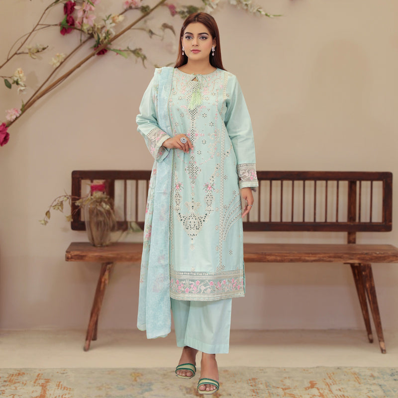 DE-02: Sky Serenity Ensemble – Luxury Lawn Eid Collection